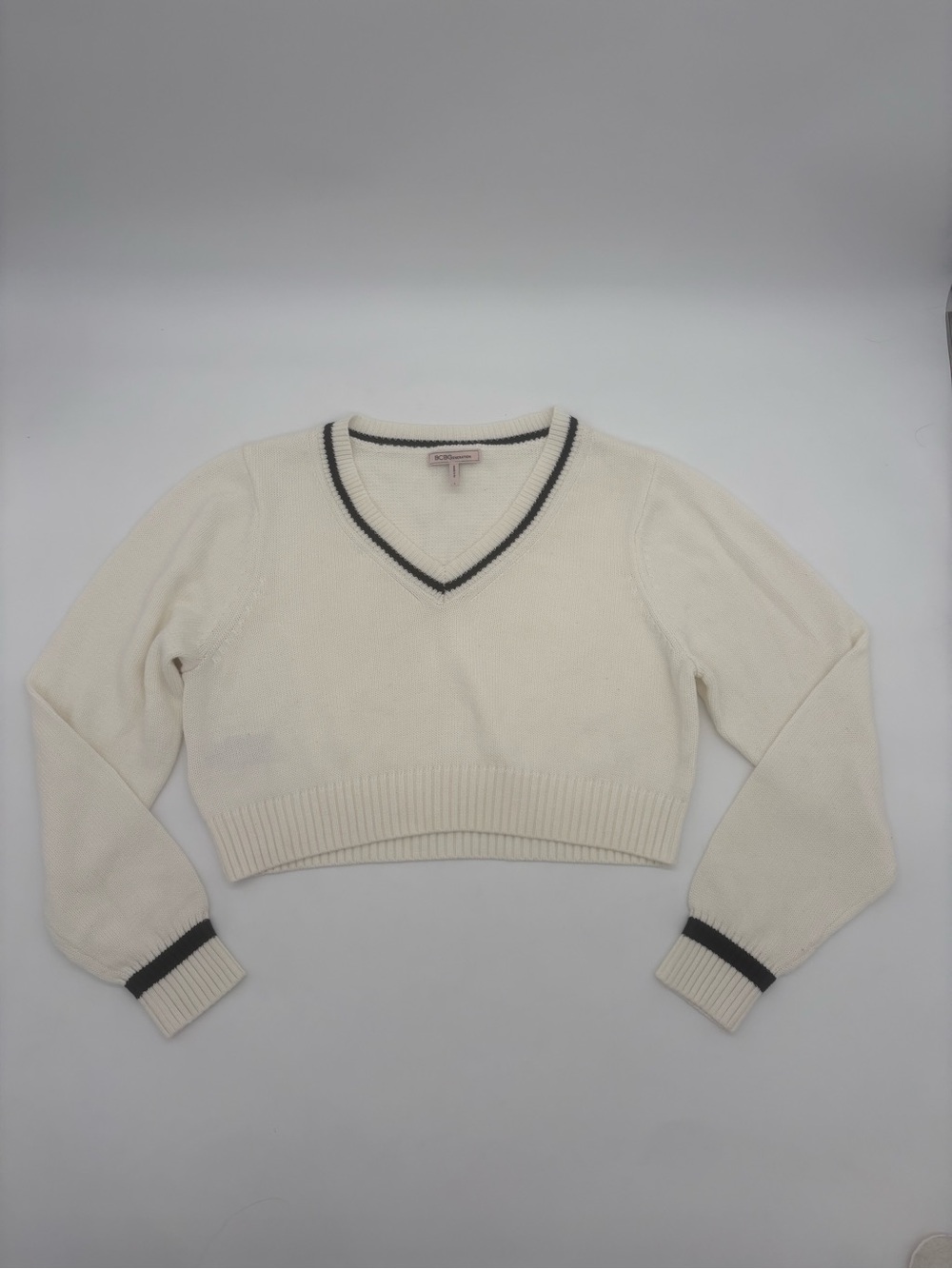 BCBGeneration Ivory Cropped V Neck Varsity Sweater
